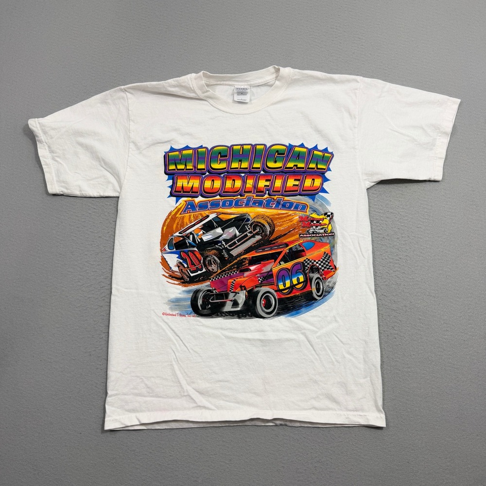 Vintage Michigan Modified Association Racing Graphic Shirt Men's Large White y2k